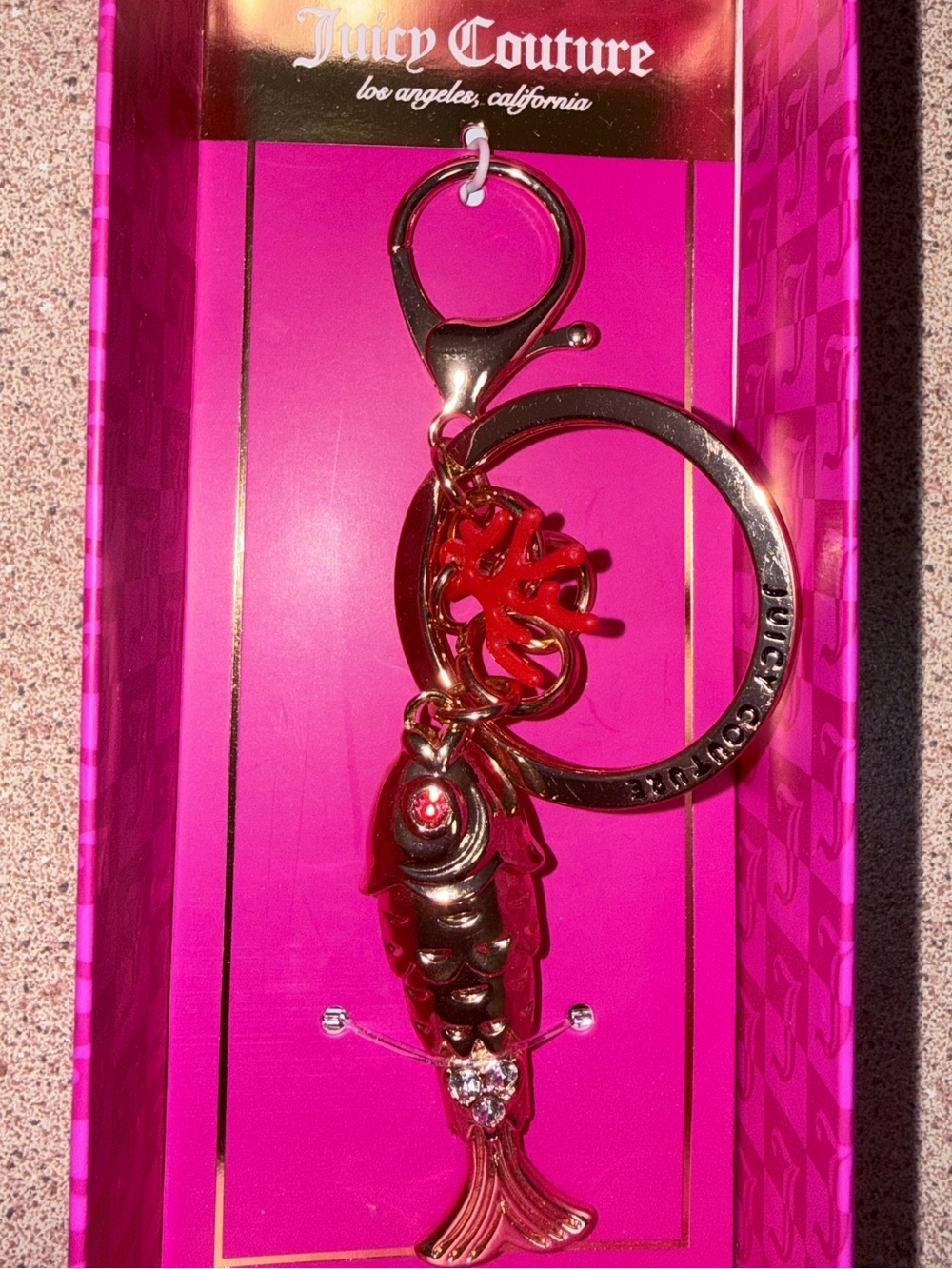 NWT Juicy Couture Gold Fish Key & Card Holder with Red Enamel Accents